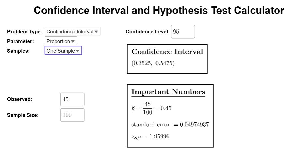 Picture of the GeoGebra Confidence Interval calculator application