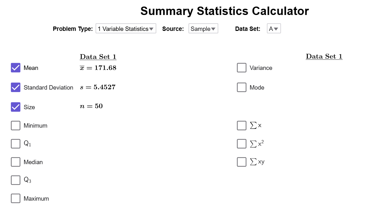 A screenshot of the Summary Statistics Calculator showing that the average value is 171.68.