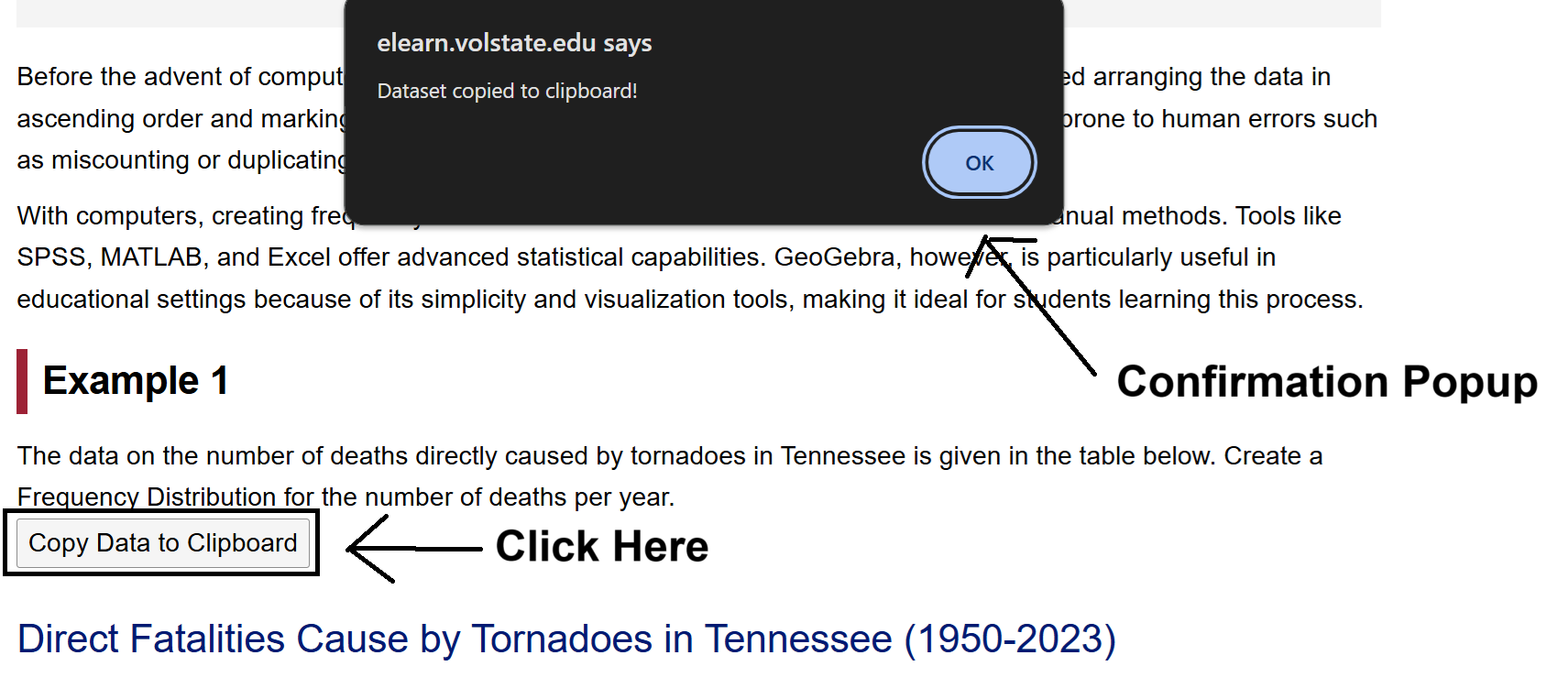 Copy Data to Clipboard button highlighted with a confirmation popup saying 'Dataset copied to clipboard' at the top.