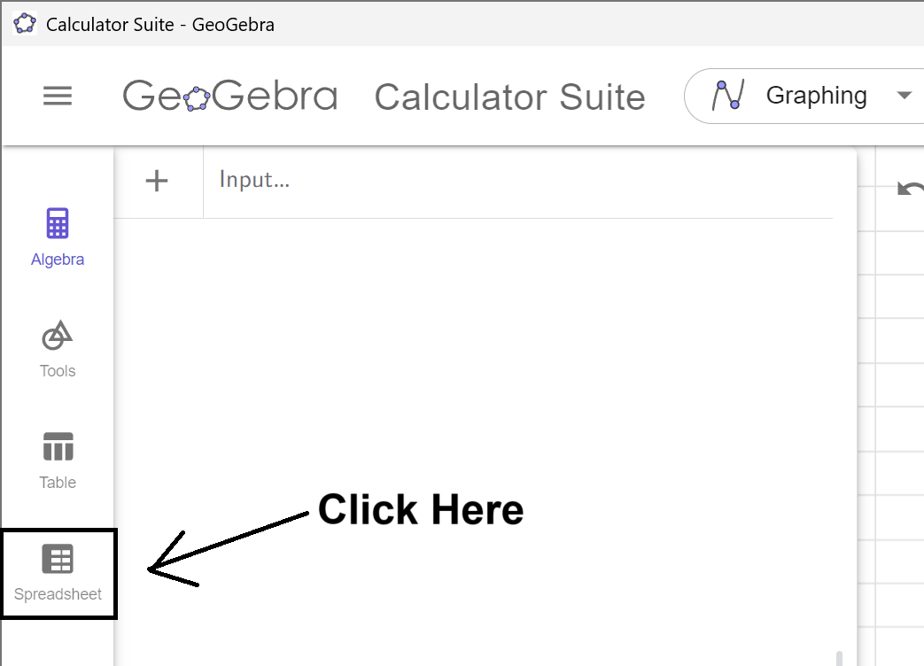 GeoGebra interface showing the Spreadsheet tab highlighted with 'Click Here' annotation.