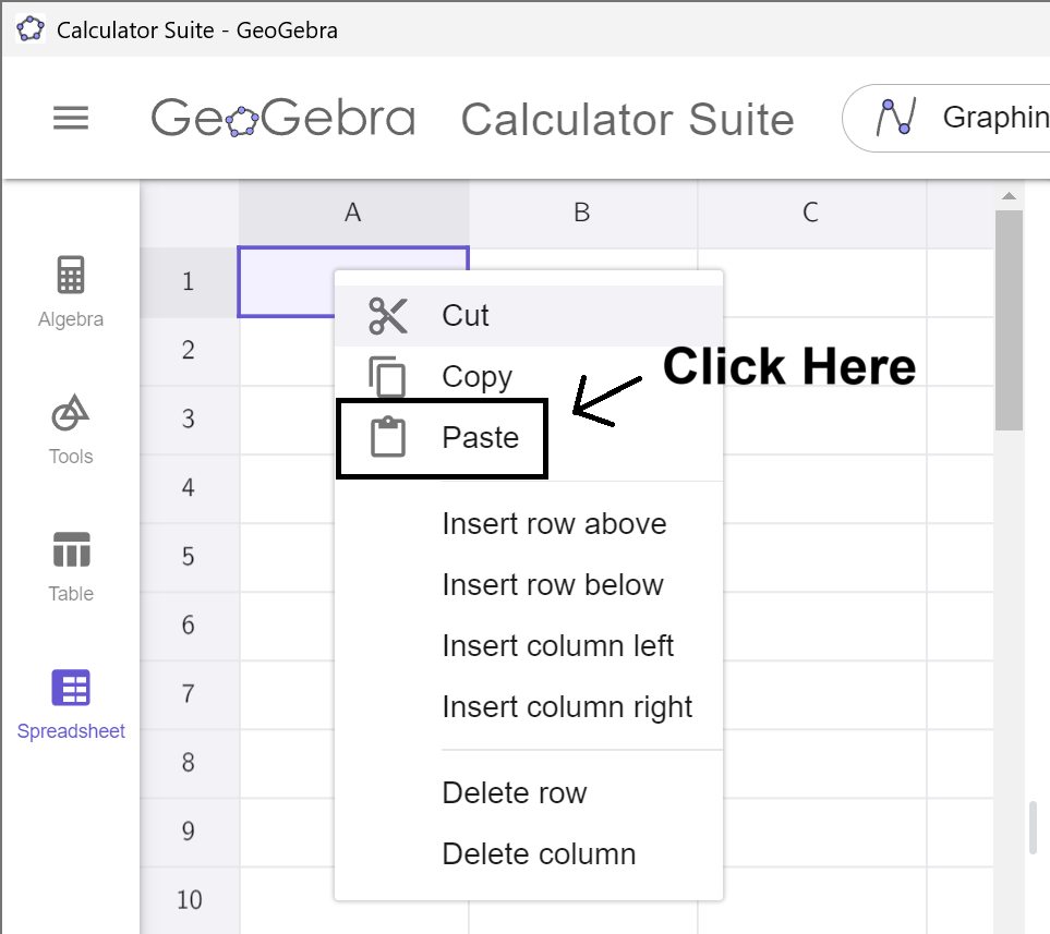 Spreadsheet context menu with 'Paste' highlighted 