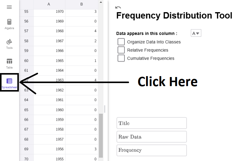 Arrow pointing to the Spreadsheet icon with text Click Here Again indicating where to click.