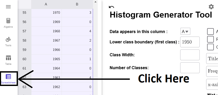 Arrow pointing to the Spreadsheet icon with text Click Here indicating where to click.
