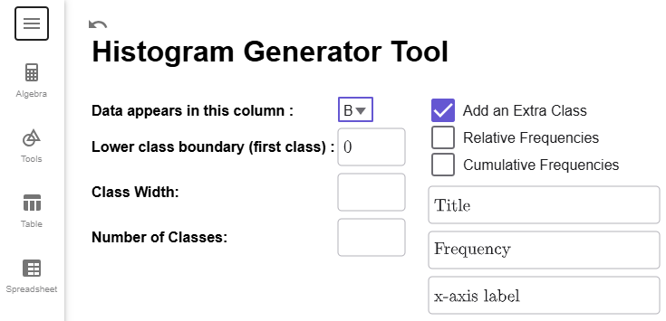Histogram Generator tool with column B selected and lower boundary set to 0.