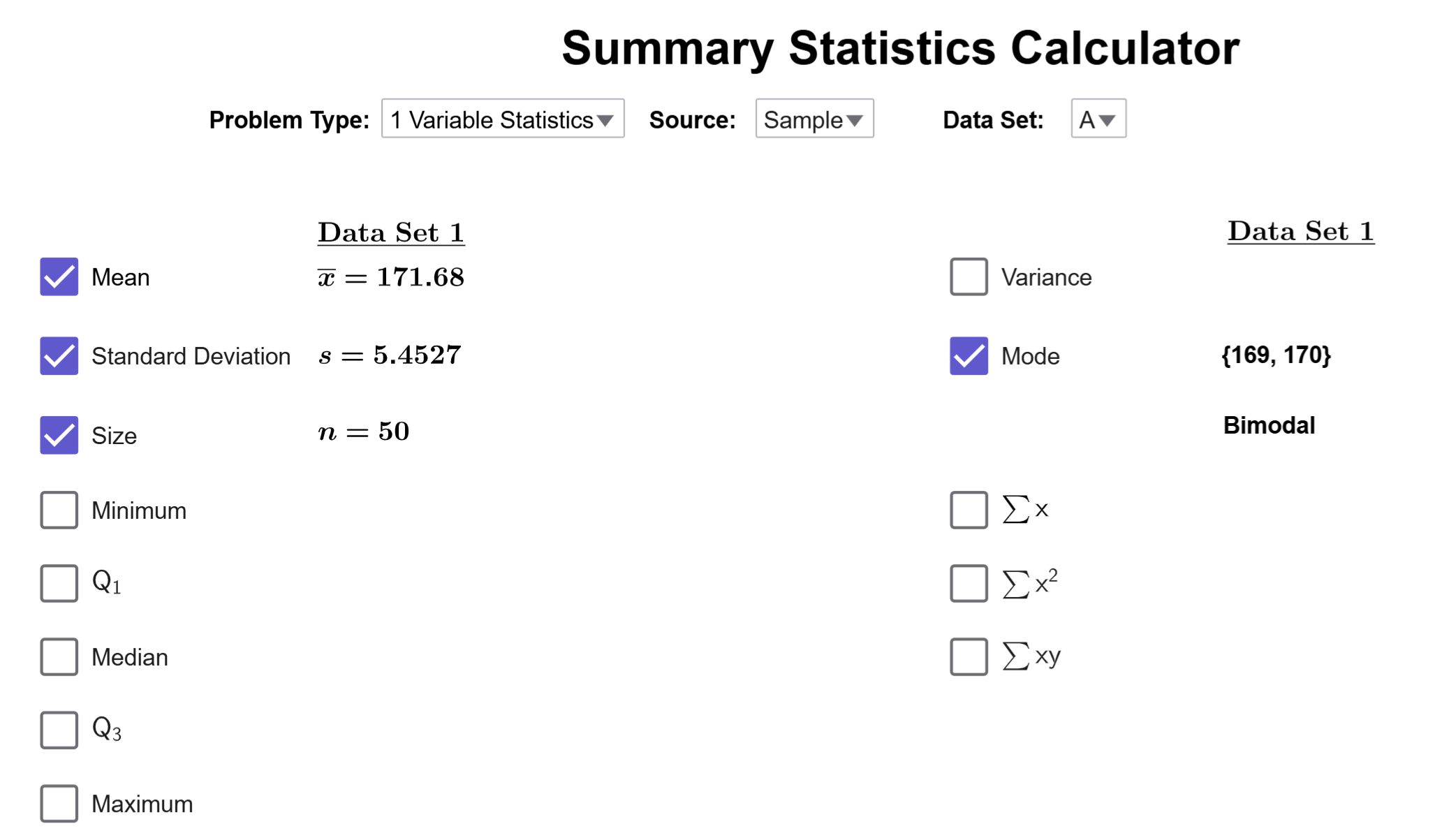 The mode checkbox is revealed, showing that 169 and 170 are the two modes and indicates this is a bimodal set.