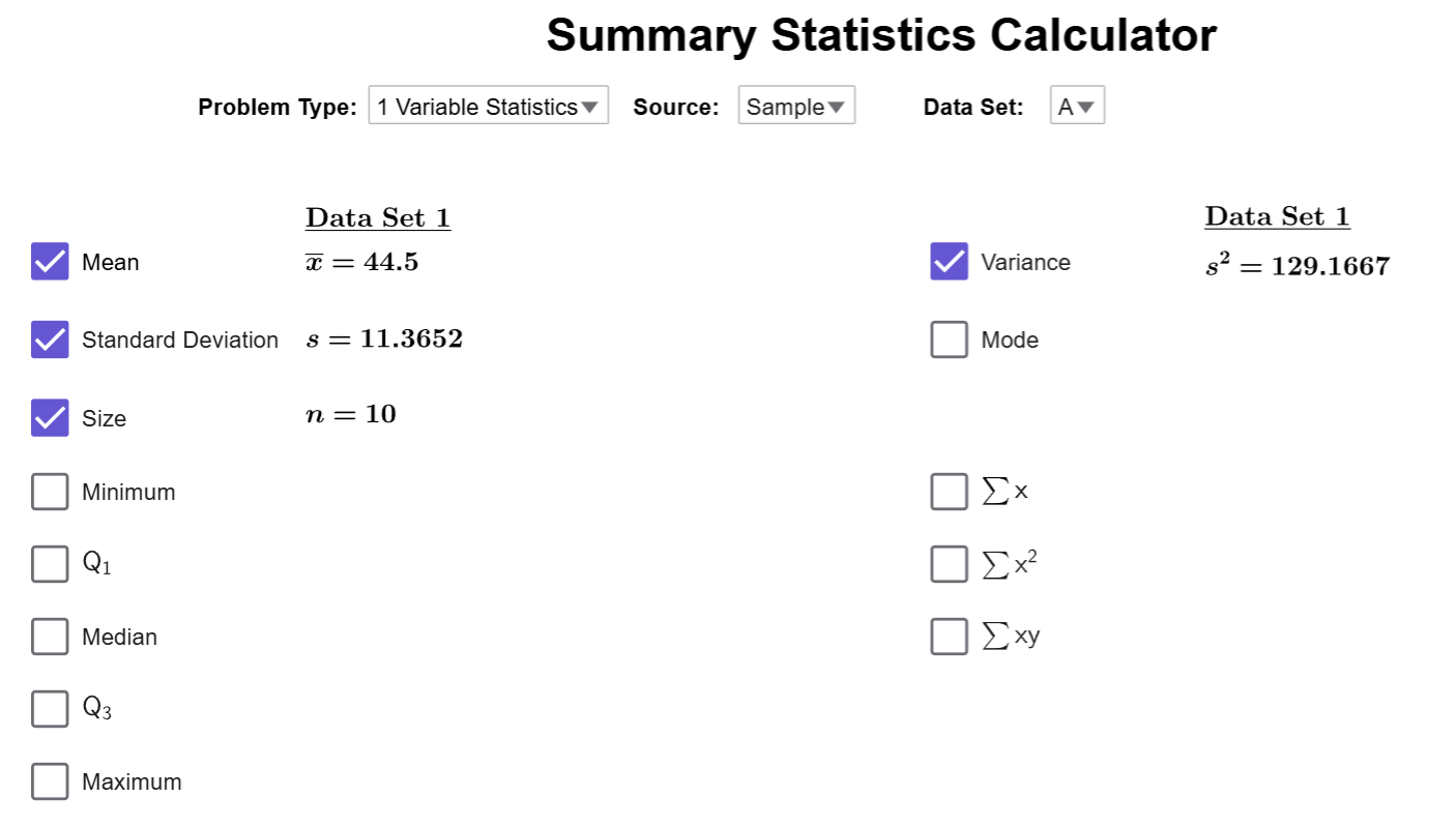 The variance checkbox is selected and shows that the variance is 129.1667.