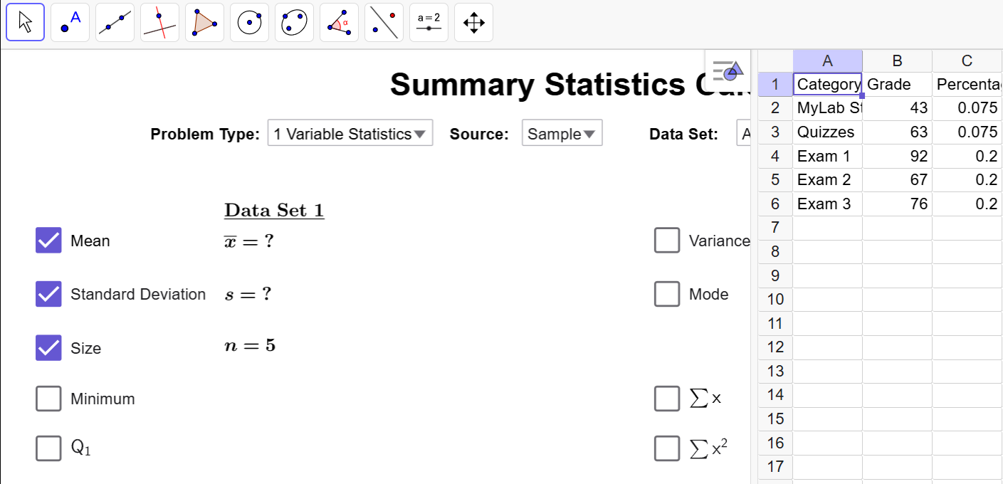 The data is loaded into GeoGebra.  Column B has the grade data, and column C has the weights as percentages.